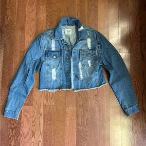 Love Tree size small cropped 90’s style light blue denim jacket. Distressed. EUC